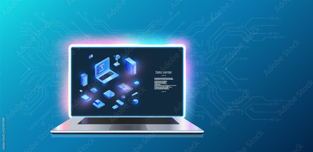 Poster digital representation of a laptop with floating data blocks in a futuristic blue background