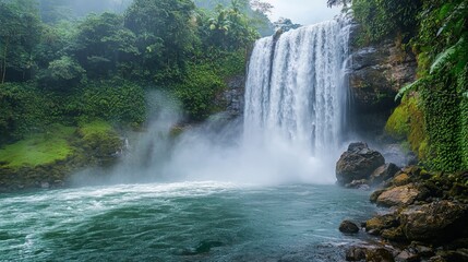 Fototapeta premium Majestic Waterfall Cascading into a Tropical Forest Oasis