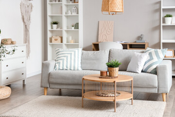 Interior of light living room with grey sofa, coffee table and plants