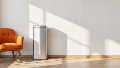 Sleek aluminum recycling bin in modern living room with daylight, sustainability