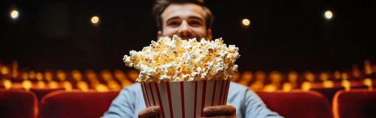 A man sits in a cinema hall, holding a large bucket of popcorn. The dramatic lighting highlights his excitement, enhancing the movie-watching experience. Rows of empty seats surround him