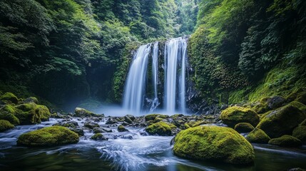 Fototapeta premium Serene Waterfall Cascading Into Lush Green Forest Landscape