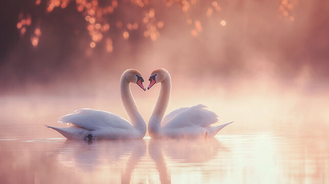 Two beautiful white swans, avian outdoors on the lake environment closeup wildlife bird elegance photography. ripple effect and reflections in the water. peaceful purity.