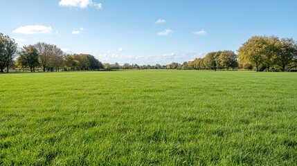 Sunny autumn park; green grass field; tree-lined horizon; clear sky; nature backdrop
