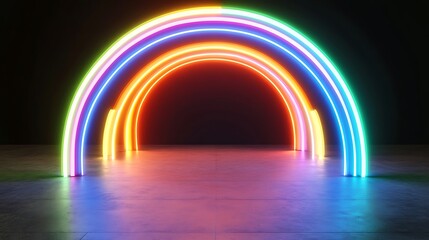 Rainbow neon archway, dark studio
