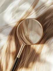 Fototapeta premium Magnifying glass reveals intricate details of a damaged hair strand on soft fabric surface in bright lighting. Generative AI