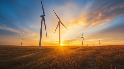 Obraz premium Peaceful Sunset Over Wind Turbines in Open Landscape