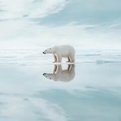 Polar bear walking on ice, reflecting in calm water.