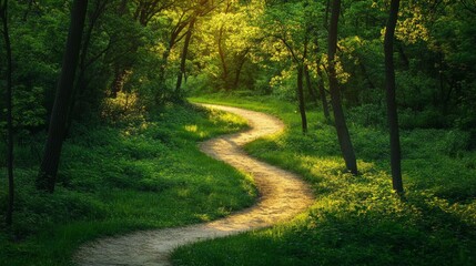 Fototapeta premium Serene Winding Path Through Lush Green Forest in Soft Morning Light