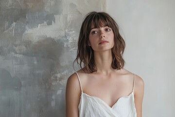 Fototapeta premium A young woman with shoulder-length brown hair and bangs, wearing a white camisole, poses against a textured wall.