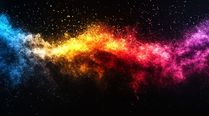 Fototapeta premium Abstract dark gradient wave background in purple, red, yellow, and blue with a blurred modern design, conveying chaos and energy. Black empty space for text or captions on the side.