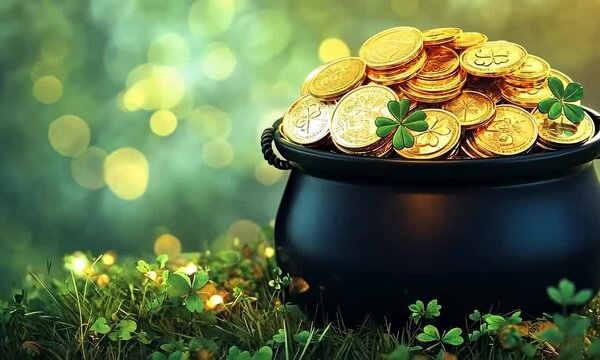 A black pot overflows with gold coins and greenery.