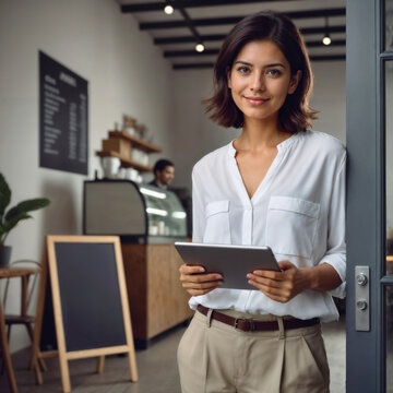 Portrait of a young entrepreneur in front of her business.