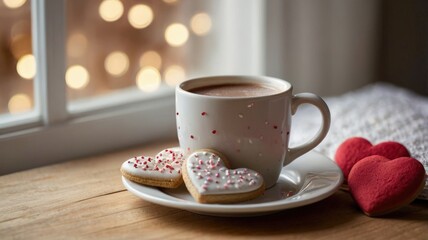 Obraz premium Cozy Cocoa Romance: A Heartwarming Scene of Steaming Hot Chocolate and Heart-Shaped Cookies with a Delicate Garland of Paper Hearts