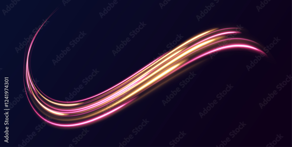 Poster Abstract vector fire circles, sparkling swirls and energy light spiral frames. Isometric AI chipset on printed circuit board in futuristic concept technology. Glow luminous glitter shimmer trail. 
