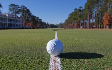 A lone golf ball rests on the green, awaiting its putt.  A perfect moment of tranquility before the next swing.