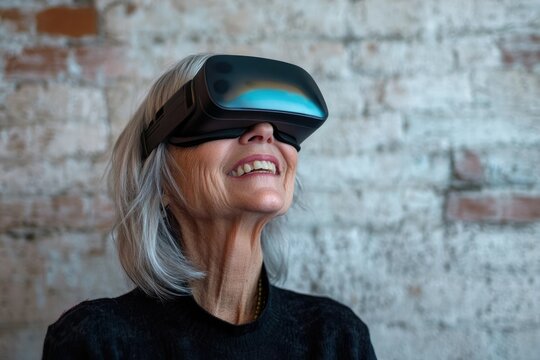 An older woman with gray hair smiles joyfully while experiencing virtual reality.
