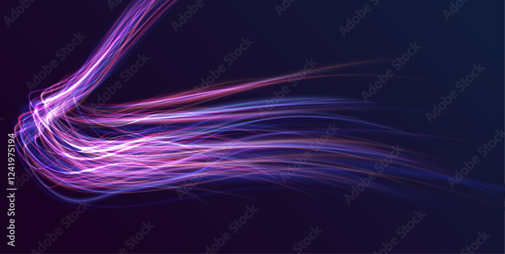 Poster Acceleration speed motion on night road. Laser beams luminous abstract sparkling isolated on a transparent background. Magic moving fast speed police lines.	