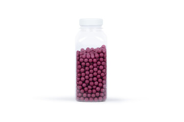 Transparent Plastic Container Filled with Purple Sugar Pearls: Minimalist Still Life Photography of Decorative Sprinkles for Baking