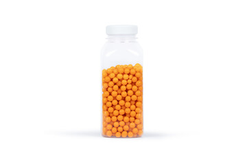 Transparent Plastic Container Filled with Orange Sugar Pearls: Minimalist Still Life Photography of Decorative Sprinkles for Baking