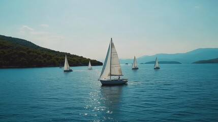 Fototapeta premium Drone view of the open sea with multiple sailboats sailing in it, on an island surrounded by greenery and hills
