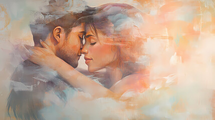 The soft colors and gentle embrace in this abstract portrait capture the essence of familial connection and emotional intimacy. Emotional Contrast. Illustration