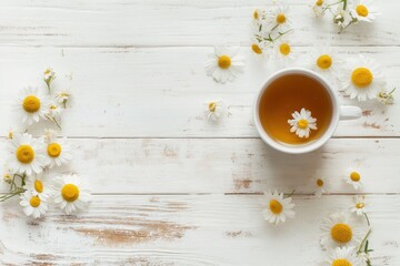 Aromatic cup of chamomile tea and fresh flowers on white wooden background