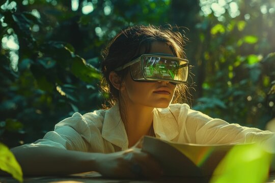 Woman in a lush green forest wearing futuristic augmented reality glasses, seemingly engrossed in a book. - Powered by Adobe