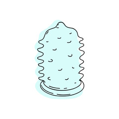 Funny mint prickly condom is hand-drawn with a line, isolated on a white background, vector. Decorative element for contraception, jewelry, labels, hygiene. Color illustration, flat design