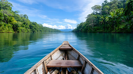 Obraz premium River boat journey through lush rainforest