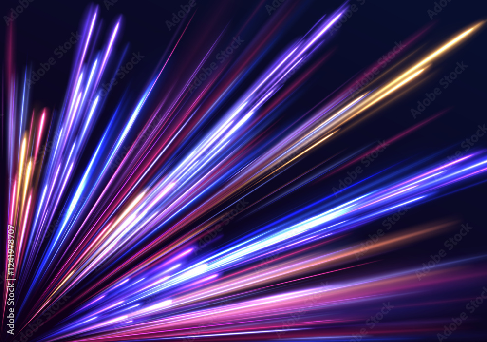 Poster futuristic light motion effects on a black background, showcasing fast-moving neon stripes and creat