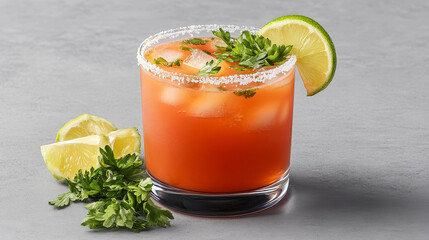 Fototapeta premium Enjoying a classic Caesar cocktail with a salted rim featuring rich tomato-clam broth and fresh garnishes on a rustic surface at a cozy gathering