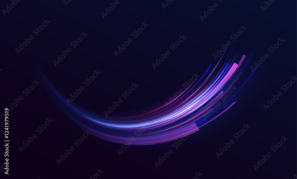Poster blurry neon light motion on a speedway with laser beams, glowing red and blue lines, and sparkling d