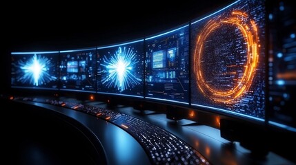 high-tech display wall, various information and TV channels, vibrant digital screens, seamless futuristic design, isolated on white background