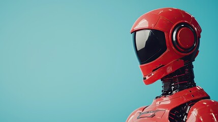 A sleek, red robot with a visor, set against a vibrant blue background, showcasing a futuristic design and advanced technology.