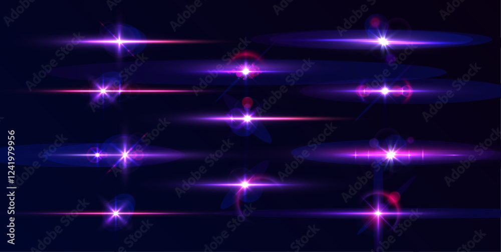 Poster Laser beams, horizontal light rays. Particle motion effect. Magic of moving fast lines. Png special effect, speed line. Glowing flare spark and flash lights, luminous trail.	