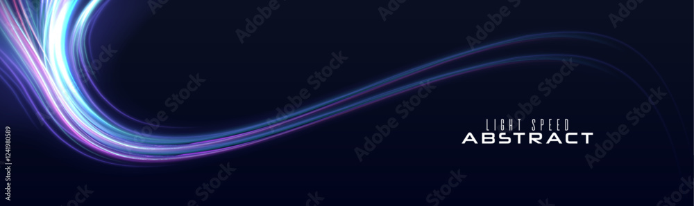 Poster High tech concept with luminous arrows moving to side. Neon color glowing lines background, high-speed light trails effect.	