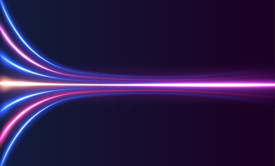 Abstract image of speed motion on the road. Dark blue abstract background with ultraviolet neon glow, blurry light lines, waves. Expressway, car headlight effect.	