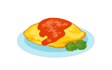 Japanese Omurice with Broccoli - Hand Painted Food Illustration