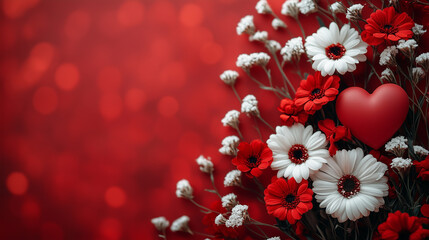 Biało czerwone kwiaty na czerwonym podłożu kartki walentynkowej