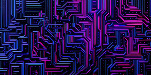Abstract background with blue and purple circuit board lines glowing in the dark. Digital technology concept banner design. Vector illustration of a futuristic electronic system