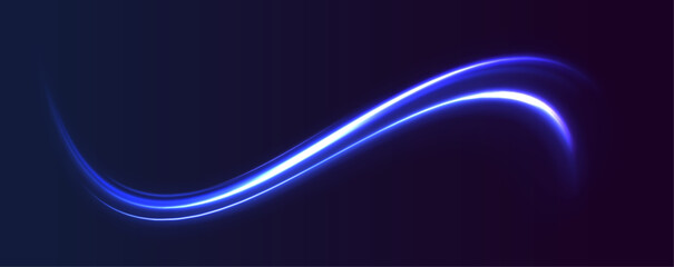 Vector dark blue abstract background with ultraviolet neon glow, blurry light lines, waves. Light trails on road at night. Abstract futuristic neon background with glowing ascending lines.	