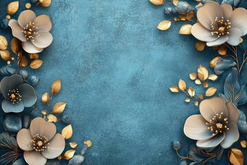Elegant Blue and Gold Floral Background with 3D Flowers and Leaves for Luxury Design Projects, Invitations, and Decorative Art
