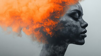 Abstract Black and White Head Silhouette with Ethereal Smoke and Vibrant Orange Shades on Grey Background
