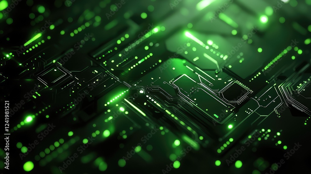 Poster high-tech green circuit board with glowing elements and intricate patterns, showcasing modern electr