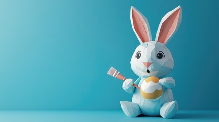 Obraz premium Intricately Designed Papercraft Easter Bunny Holding a Paintbrush and an Egg