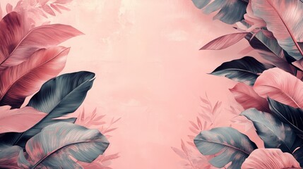 Rose Gold Abstract Background with Elegant Tropical Leaves