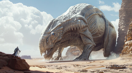 Fototapeta premium Gigantic creature in a game scenario fighting a hero character.