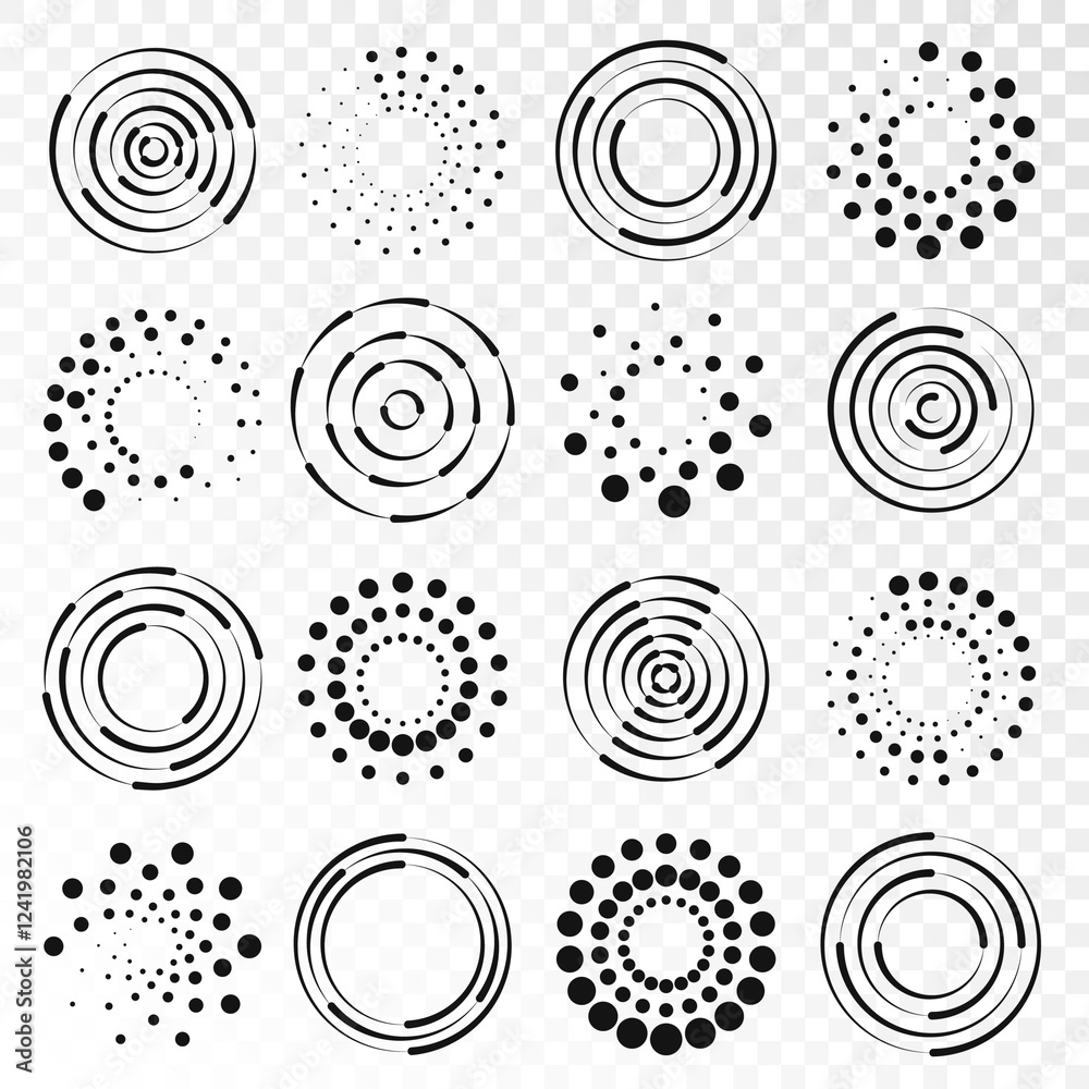 Aufkleber Circle dotted speed lines. Abstract round halftone circle frames, rotating dotted circle shapes. Big collection of round Logos.	