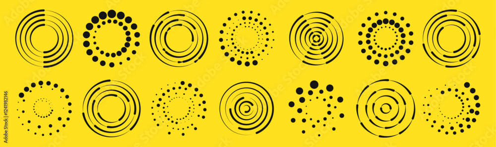 Fototapete Halftone round dot pattern and spiral ellipses on yellow background for your design. Halftone dots in circle form. Abstract round halftone circle frames, rotating dotted circular shapes. 